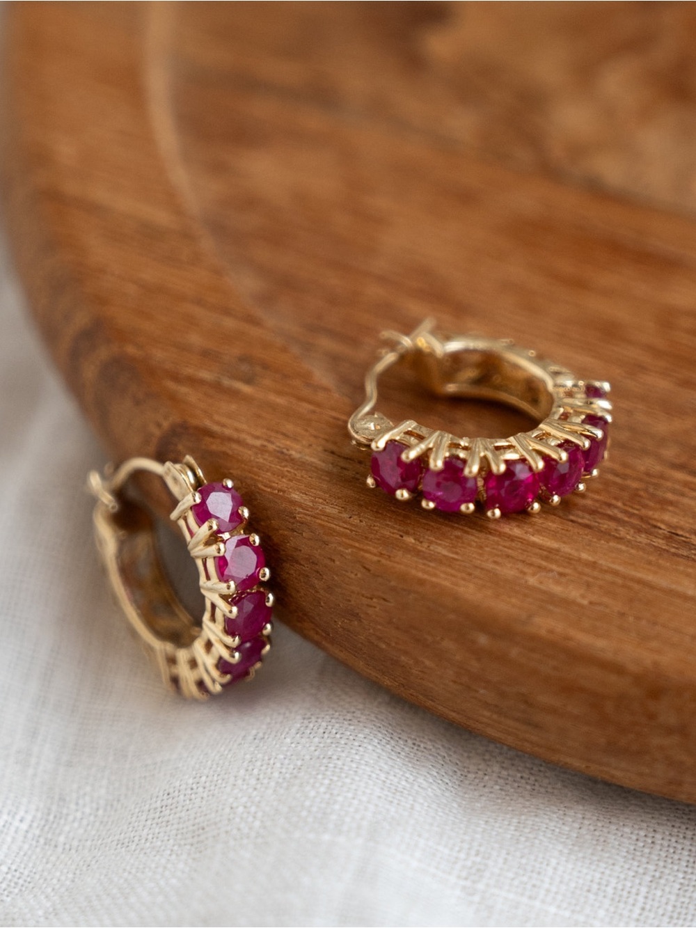 14k gold and Ruby Huggie Hoop Earrings - Picture 5 of 7